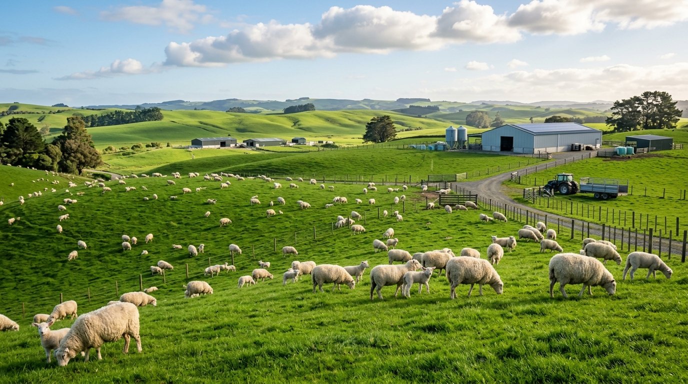 Happy flock of sheep grazing on lush green pasture